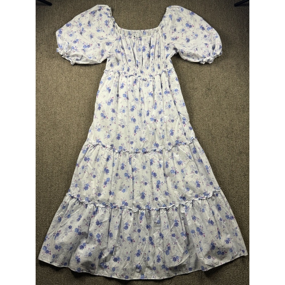 LoveShackFancy Target Floral Smocked Maxi Dress White Blue Purple L Tiered